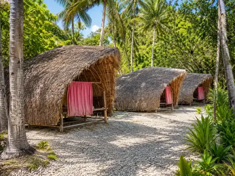 Thatched beach huts with pink curtains beneath coconut palms at a simple Palawan island camp.